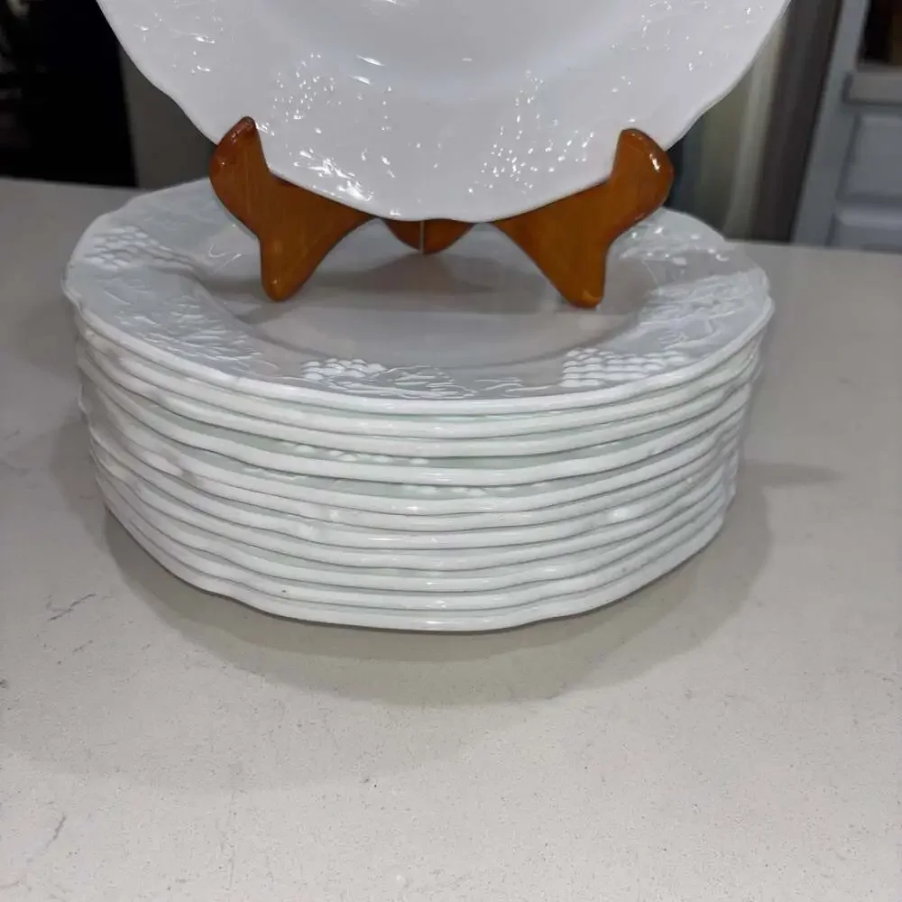Vintage Indiana Glass Colony Harvest Grape White Milk Glass Dinner Plates (12)